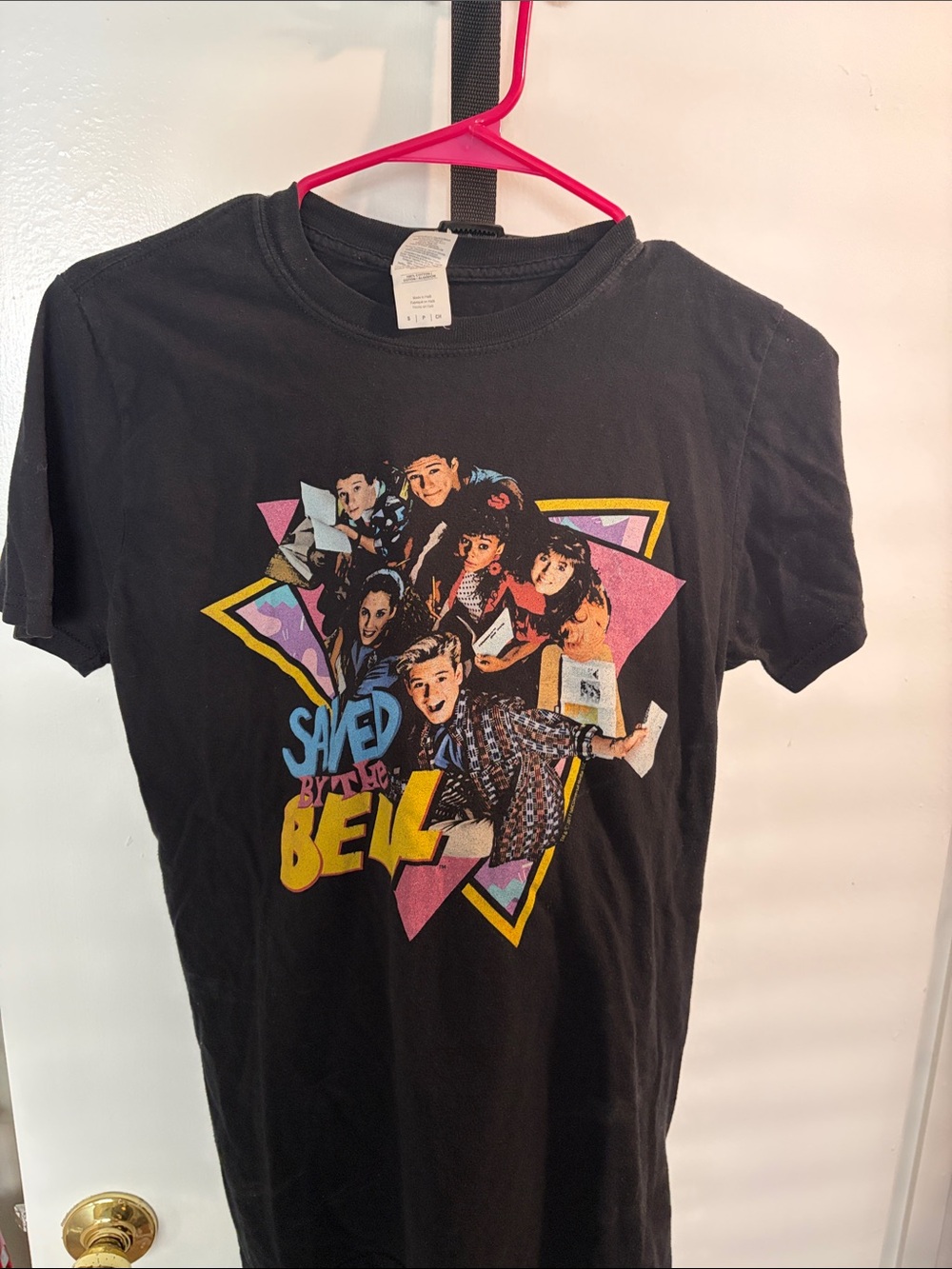 Gildan Black Saved By The Bell Graphic Tee with Pink Yellow Blue Accents